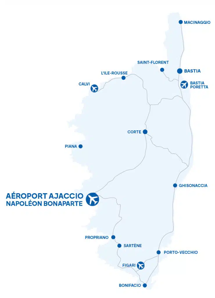 Carte de comment se rendre à l'aérport de Corse