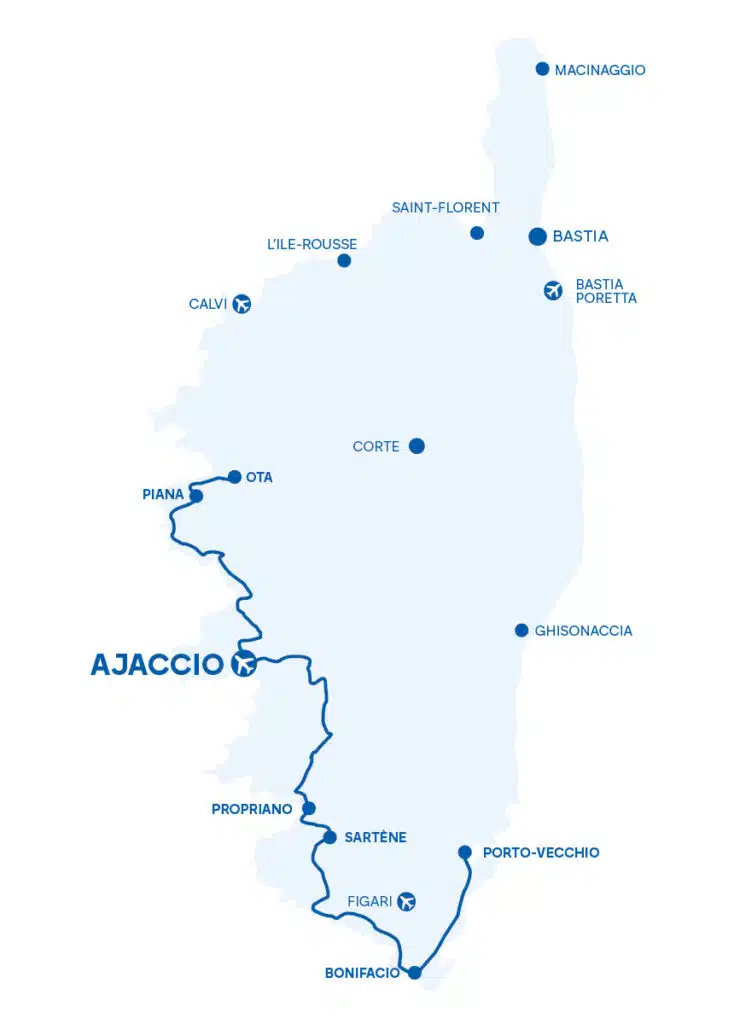 Carte des trajets de bus de la Corse au départ de l'aéroport