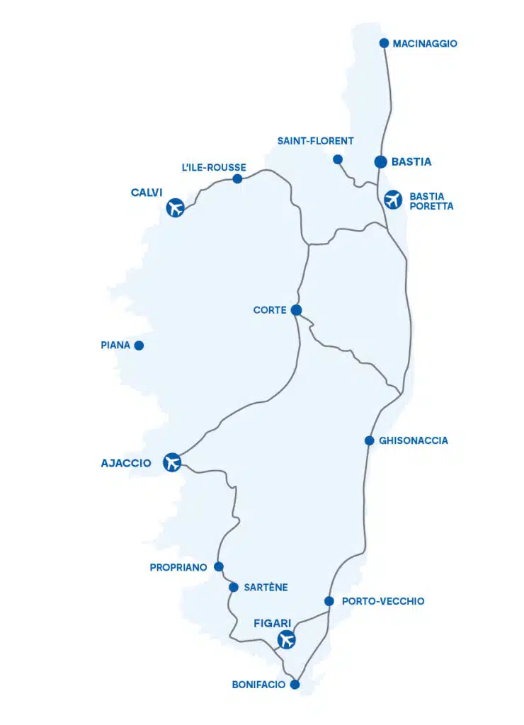 Carte des distance en voiture de la corse