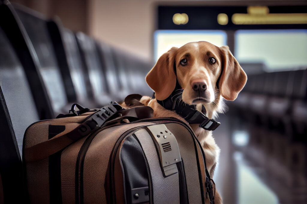 CHIEN ASSIS avec des bagages à ses cotés